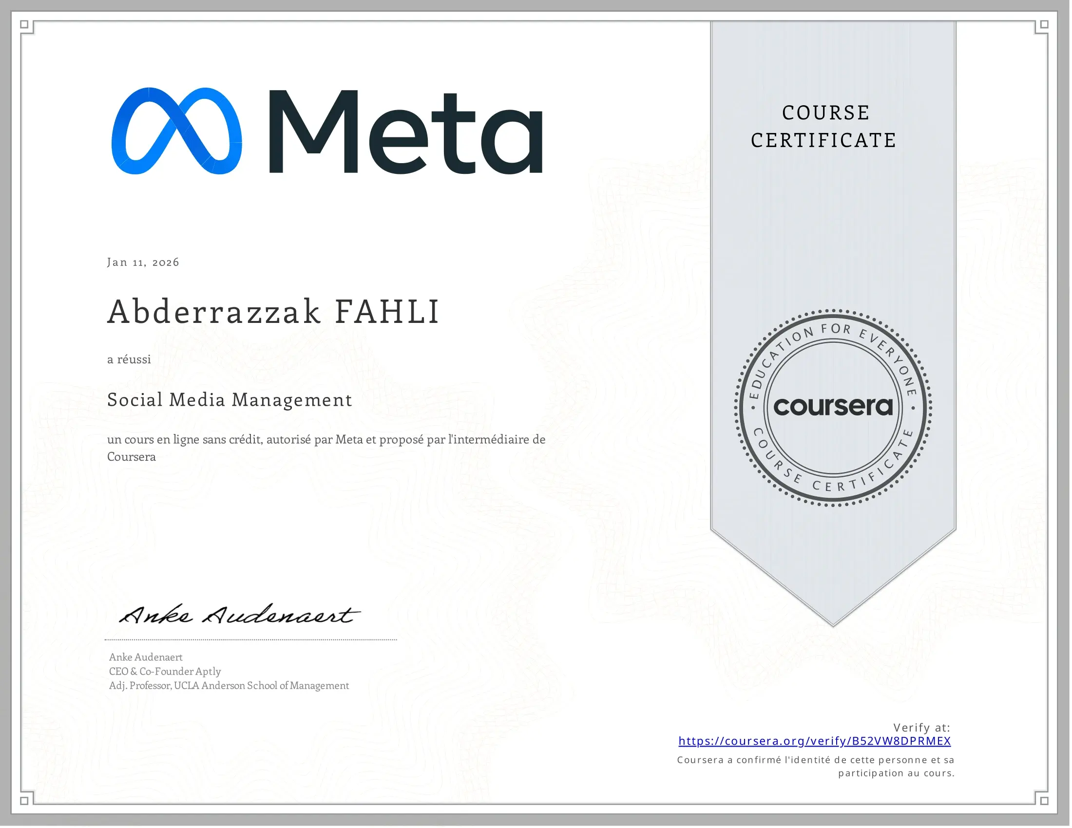 Gestion des réseaux sociaux – Meta via Coursera