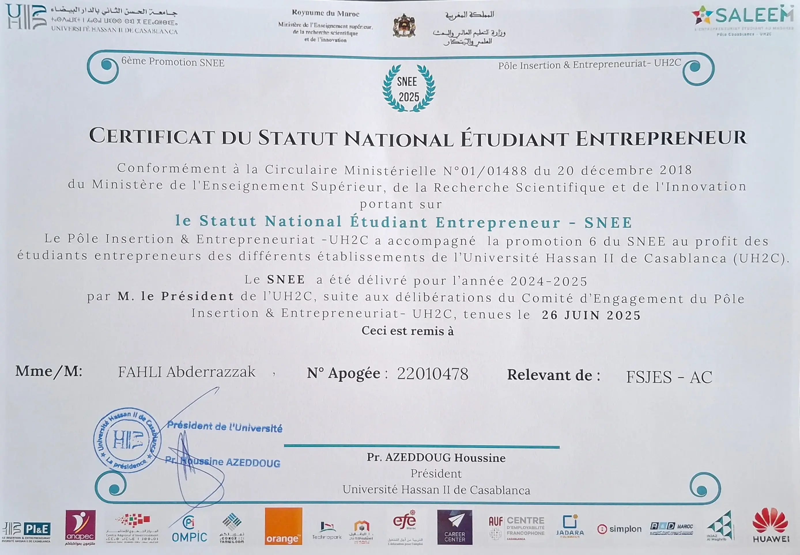 Statut National Étudiant-Entrepreneur - Université Hassan II